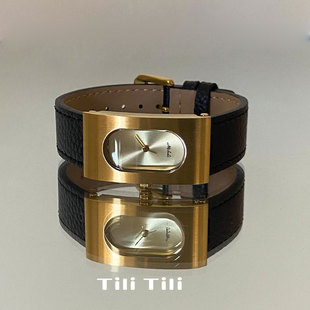 Tili手表女小众轻奢真皮简约时尚长方形钢壳设计高级感通勤石英表