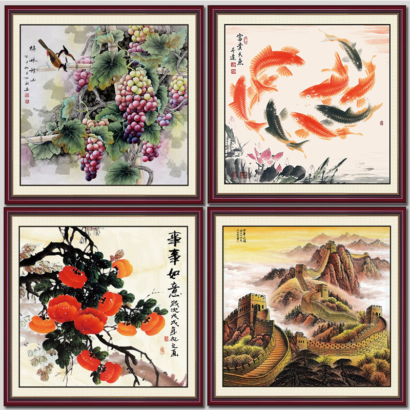 自粘画方形牡丹花现代装饰客厅沙发背景墙壁挂画山水风景无框画芯图片
