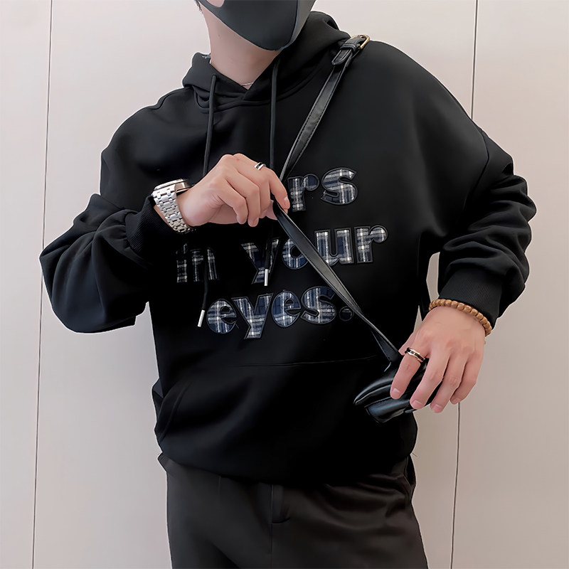 Y336/P78控108秋季痞帅小伙双层领连帽卫衣美式字母长袖打底黑首,男装T恤,星座305B