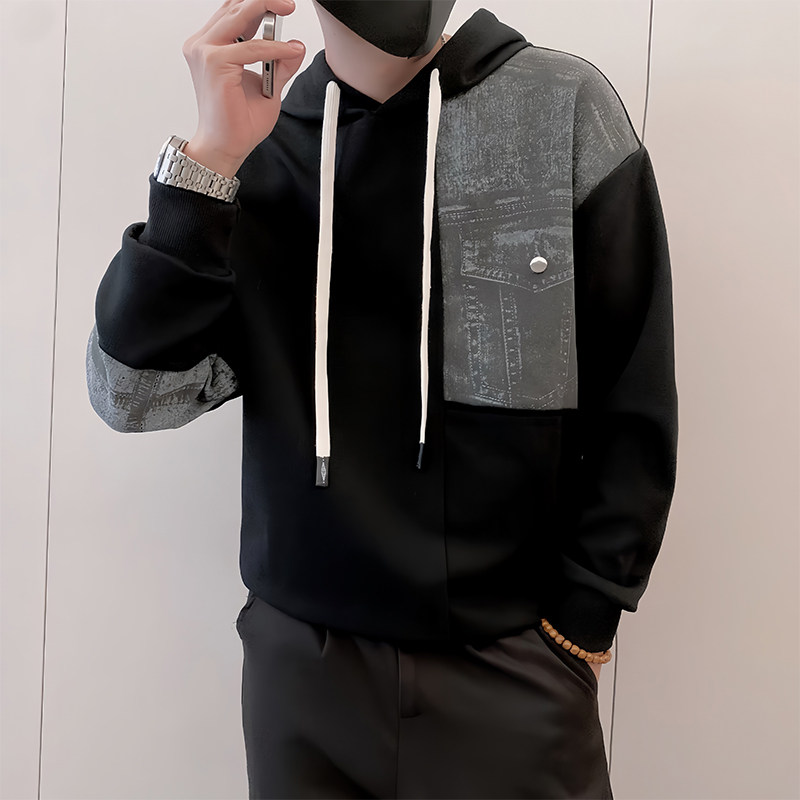 Y337/P78控108秋季痞帅小伙小众设计做旧连帽拼接卫衣男长袖黑首,男装卫衣,星座305B