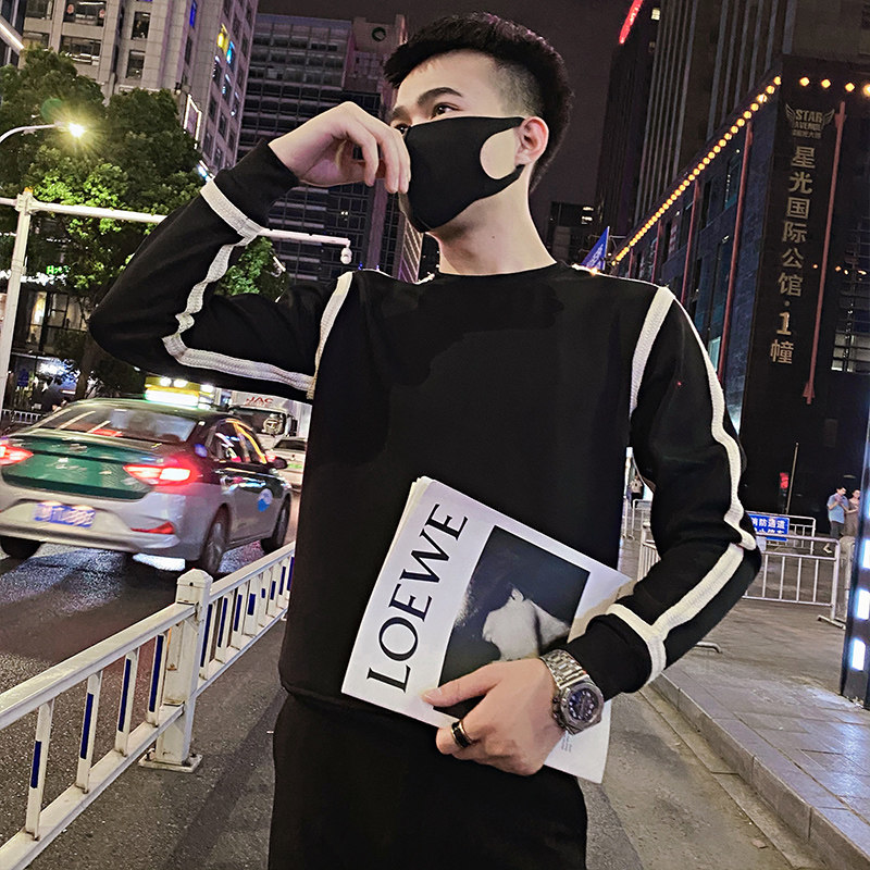 W15/特P58控78秋季社会精神小伙痞帅简约织带打底长袖卫衣男黑首1,男装T恤,星座305B