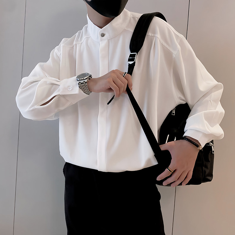 S97/P55控75秋季社会小伙双层领轻奢设计感金属长袖衬衫男白首1,男装衬衫,星座305B