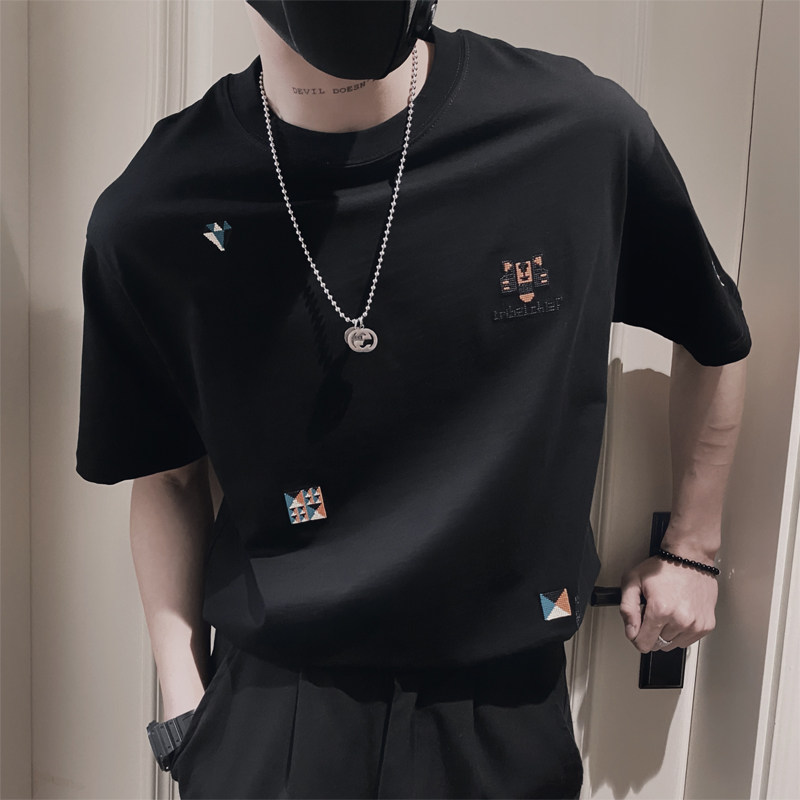 1033/P48控68夏季社会小伙设计感简约刺绣圆领短袖男黑首1,男装T恤,星座305B