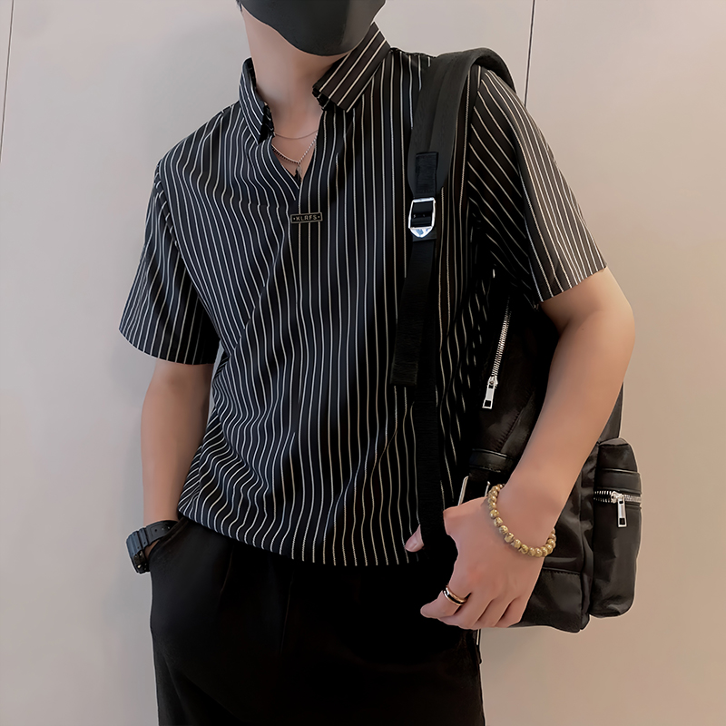 S96/P58控78夏季小伙凉感条纹冰丝衬衫男士短袖时尚轻奢半袖黑首1，男装T恤，星座305B