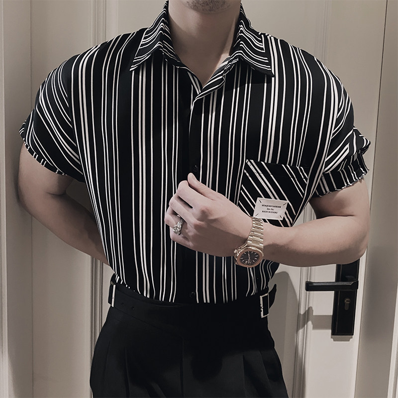 S30/P50控78夏季社会小伙潮流斑马条纹白标翻领衬衫开衫男图首2,男装T恤,星座305B