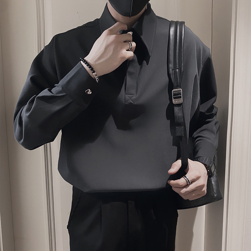 S43/P68控98秋社会小伙高级垂感免烫套头立体感长袖衬衣男灰首2,男装衬衫,星座305B