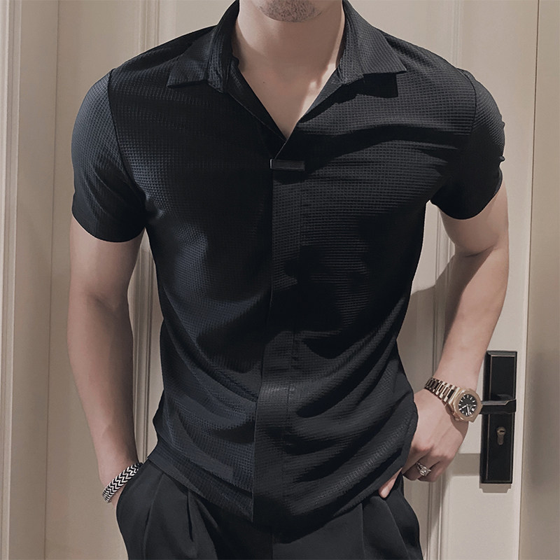 S34/P50控78 夏季社会小伙韩版华夫格前胸小标翻领开衫男黑首1图片