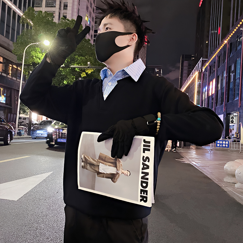 Y330/特P58控78秋季小伙小众设计感假两件衬衫Polo长袖体恤灰首1，男装T恤，星座305B