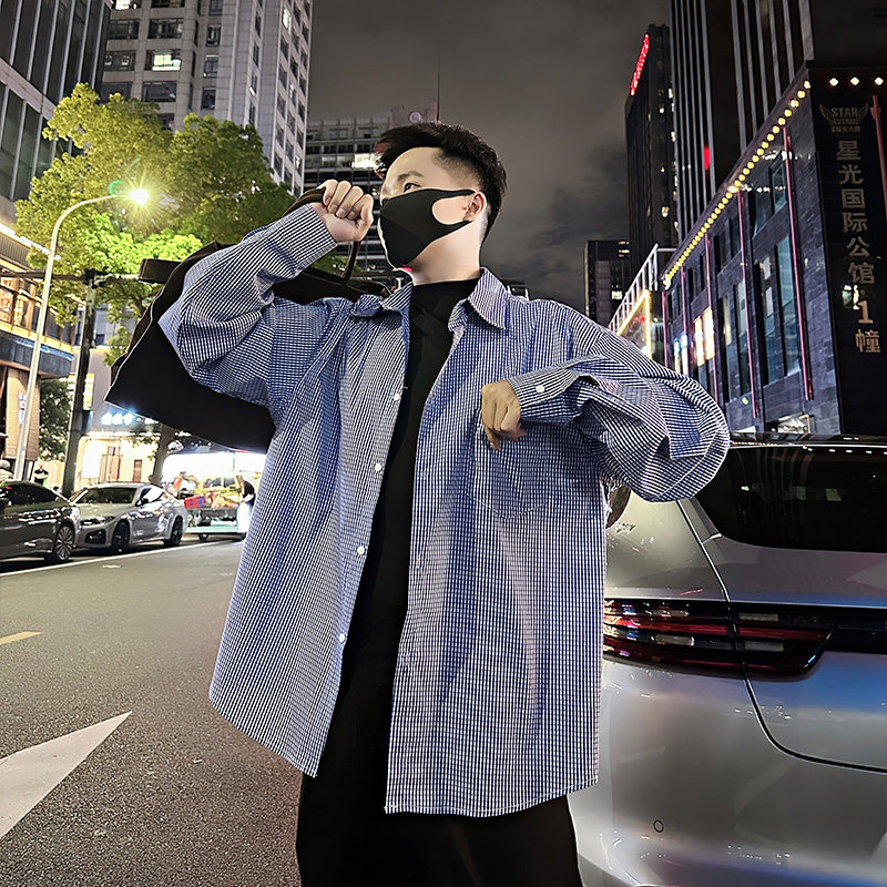 S99/P45控65秋季日系简约蓝白条纹休闲长袖衬衣可叠穿男蓝首1,男装衬衫,星座305B