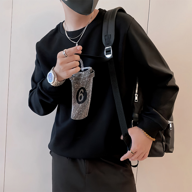 Y334/P58控78秋季痞帅小伙重工烫钻杯圆领打底衫设计感卫衣男黑首,男装T恤,星座305B