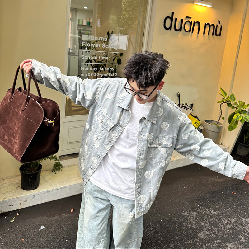 【老花外套】美式水洗贴布玫瑰牛仔夹克外套JK332/特P158控208,男装工装外套,星座305B