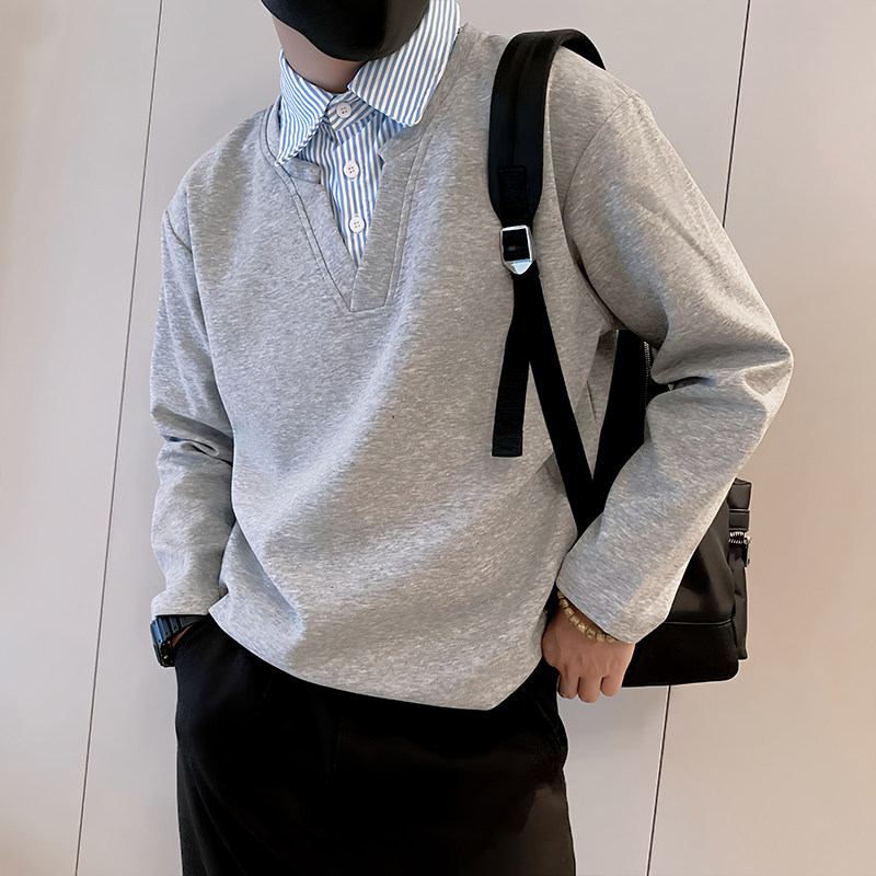 Y330/特P58控78秋季小伙小众设计感假两件衬衫Polo领长袖体恤灰首,男装T恤,星座305B