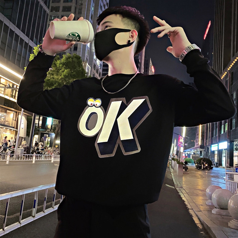 Y50/P58控78秋季美式社会小伙元素OK字母设计长袖卫衣男黑首,男装卫衣,星座305B