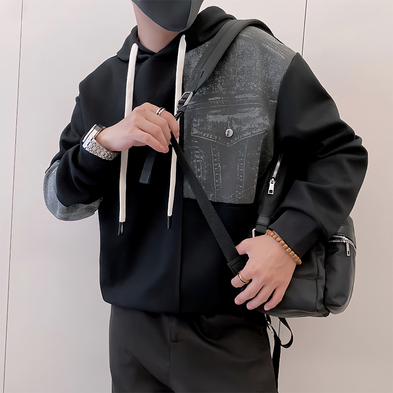 Y337/P78控108秋季痞帅小伙小众设计做旧连帽拼接卫衣男长袖黑首，男装卫衣，星座305B