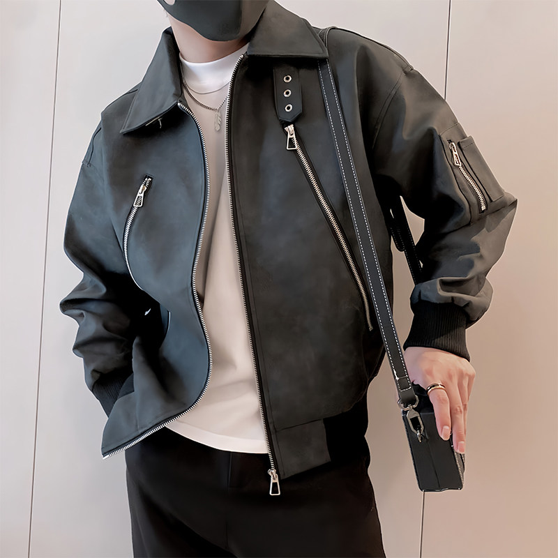 JK316/P118控158秋季小伙pu皮防水翻领长拉链设计夹克外套男咖首1,男装夹克,星座305B