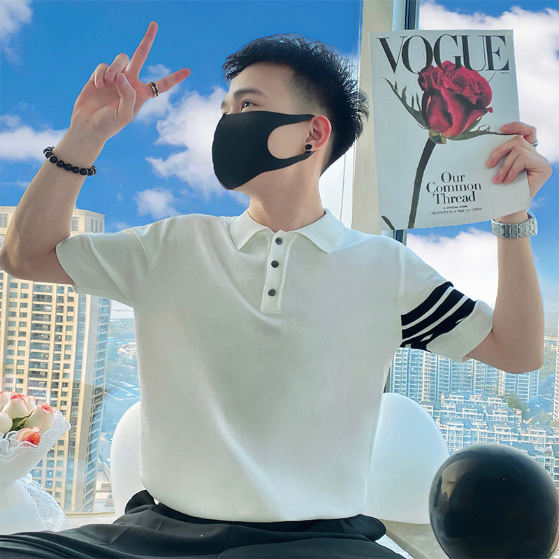 BT15/特P58控78夏社会小伙元素翻领织带短袖毛衣T恤男白首1,男装T恤,星座305B