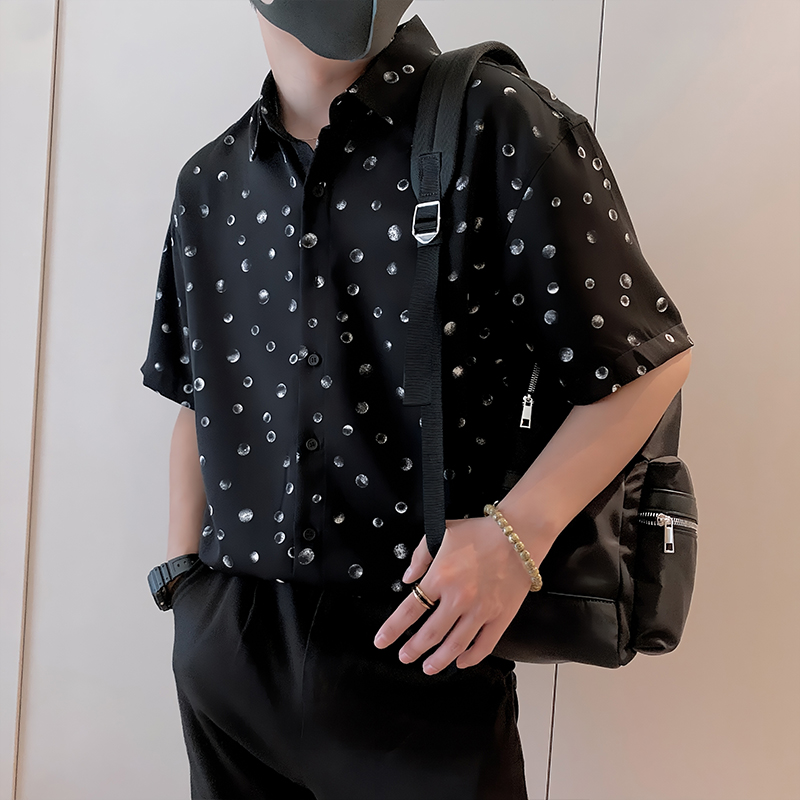 S92/P58控88夏季小伙冰丝凉感透气波点衬衫外套男时尚轻奢T恤黑首，男装T恤，星座305B