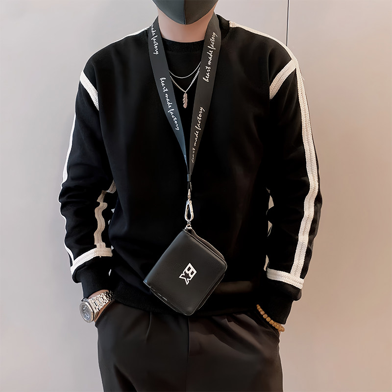 W15/特P58控78秋季社会精神小伙痞帅简约织带打底长袖卫衣男黑首1,男装T恤,星座305B