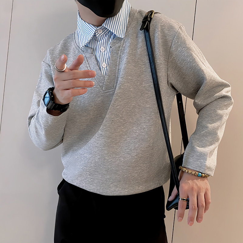 Y330/特P58控78秋季小伙小众设计感假两件衬衫Polo领长袖体恤黑首,男装T恤,星座305B