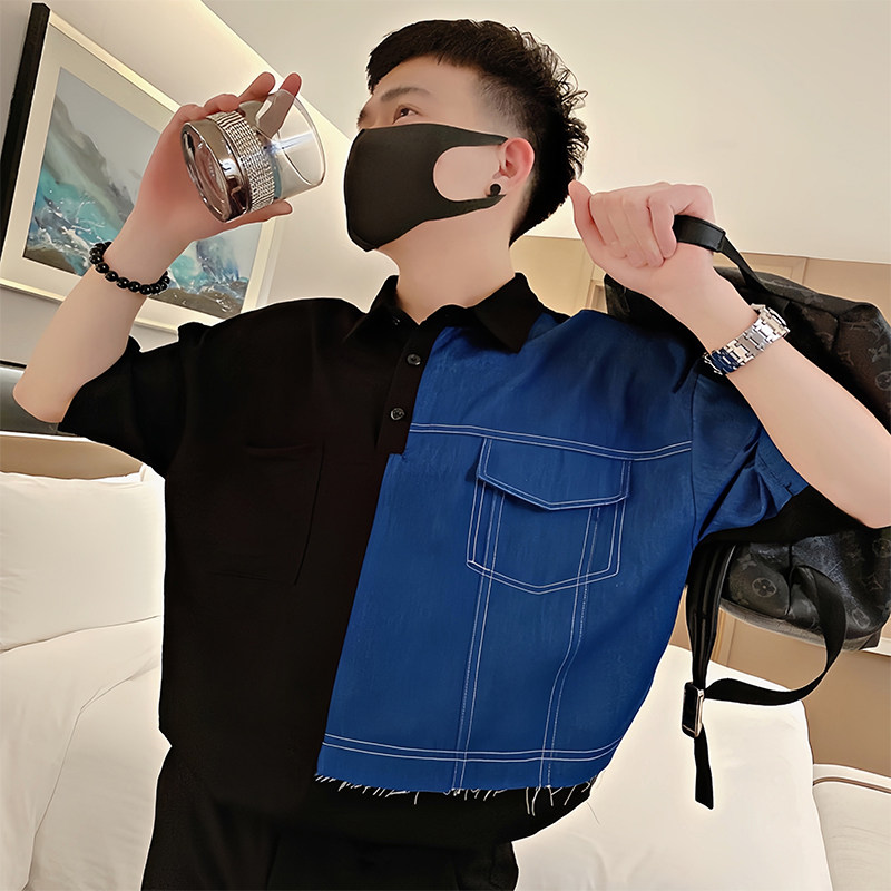 S25/P58控89夏季社会小伙撞色拼接立体覆盖口袋短袖衬衫男白首2,男装T恤,星座305B