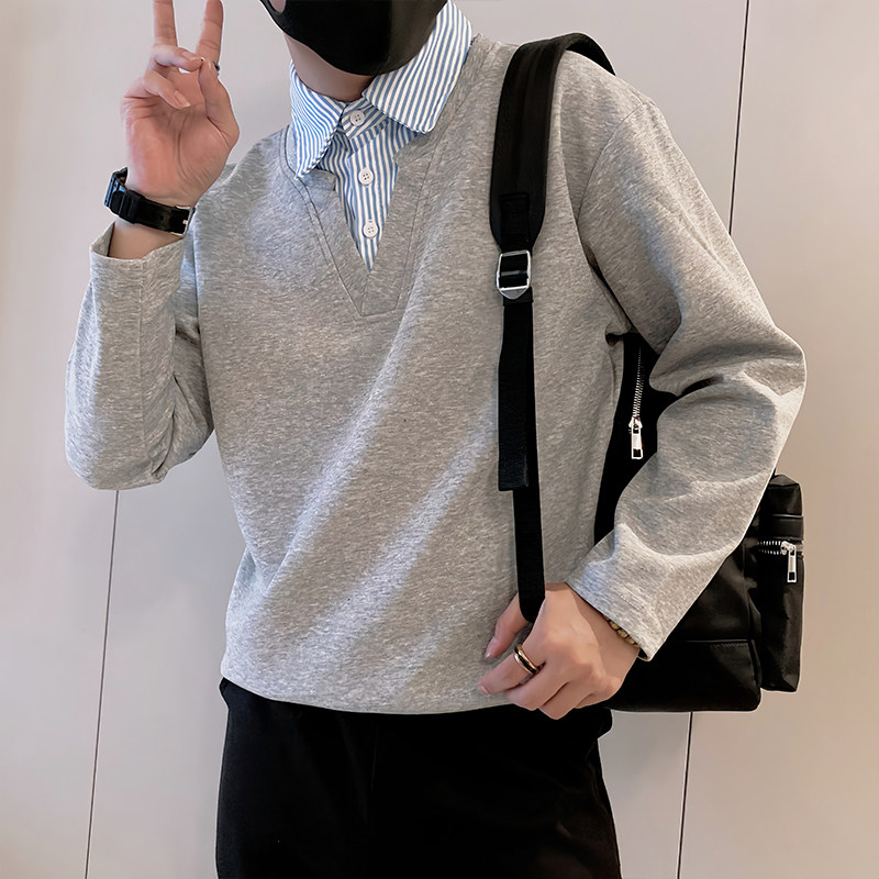 Y330/特P58控78秋季小伙小众设计感假两件衬衫Polo领长袖体恤黑首,男装T恤,星座305B