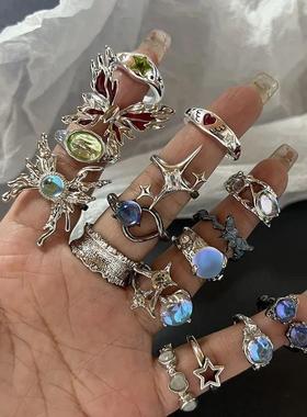 Y2K Crystal Rings Kpop Heart Adjustable Ring Irregular Geome