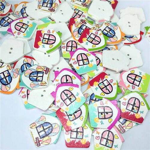100 Pcs Wooden House Buttons for Sewing Clothes Accessories