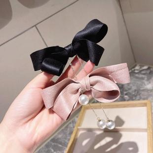 Simple Pearl Clip Bow Spring Hairpin Suede Vintage Tassel