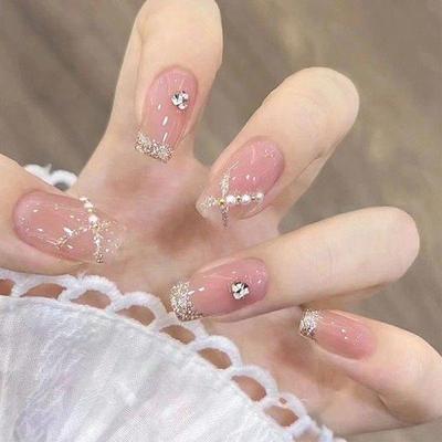 Long Square Press-on Nails Shiny Rhinestone Decor and