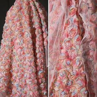 Chiffon Rose Embroidered Flower Yarn Fabric 3D Rose Floral