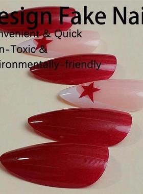 French Fake Nails Red Five-pointed Star False Nails Full Cov