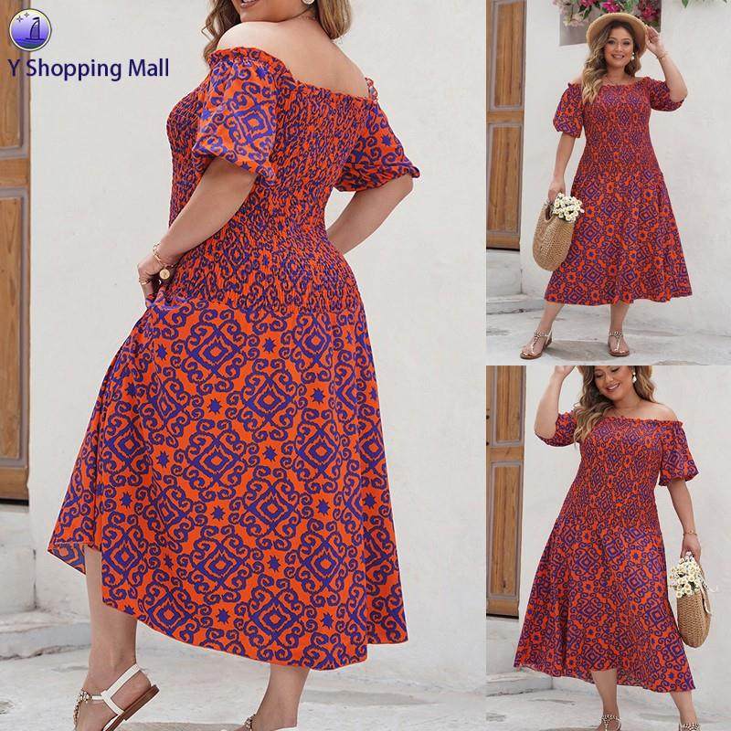 Female Summer Casual Plus Size One-Shoulder Printed Dress
