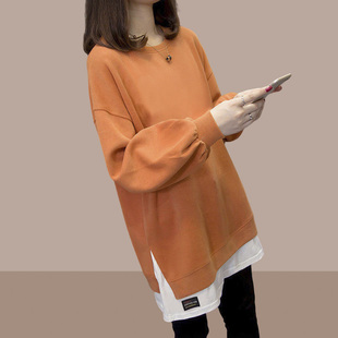 潮牌橘色假两件卫衣女春秋季2025新款中长款圆领遮屁股设计感上衣