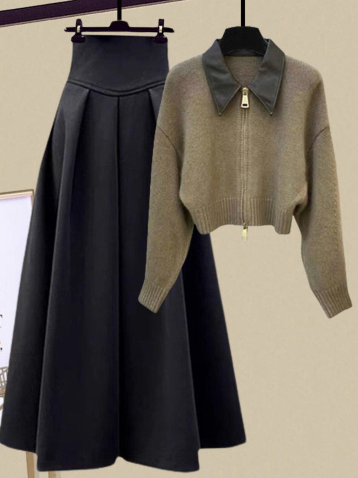 秋冬装搭配一整套女2025年新款时尚拉炼polo毛衣高腰半身裙两件套