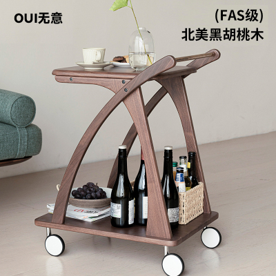 无意实木沙发边几可移动带轮小推车黑胡桃木客厅茶几轻奢高级感