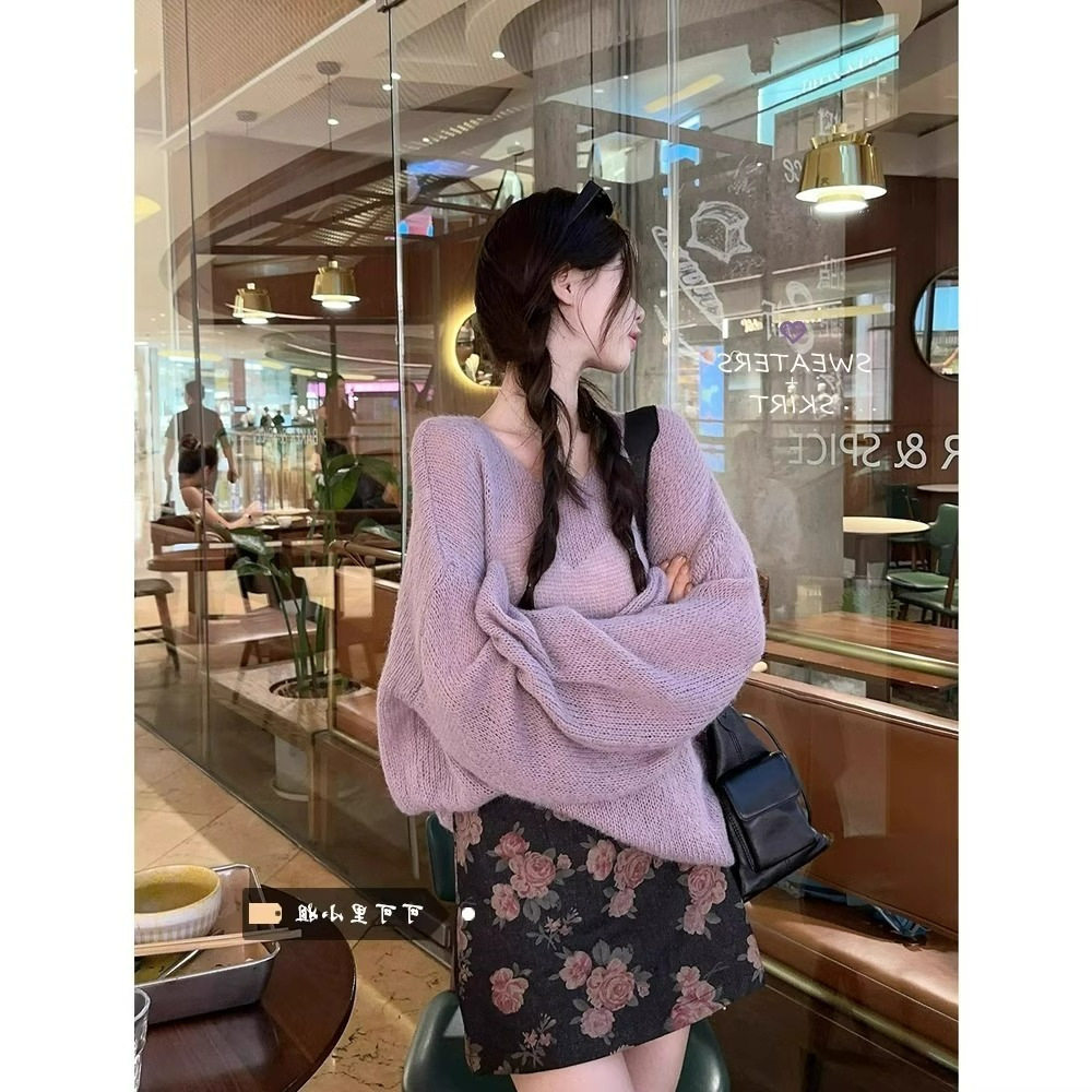 慵懒风气质长袖针织毛衣玫瑰印花牛仔半身短裙早秋新款时尚套装女
