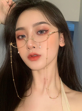 原宿风挂坠泪滴眼镜框女复古半框无镜片镜架吊坠素颜带链条眼镜链