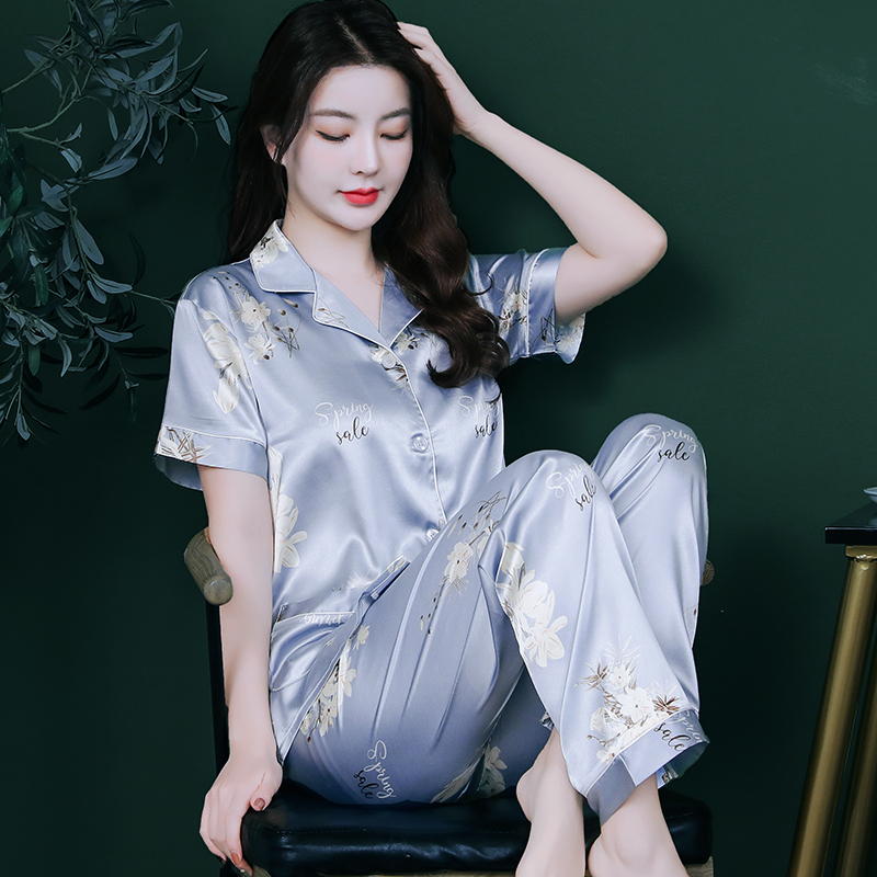 芬腾睡衣女夏季冰丝短袖长裤薄款夏天女士丝绸甜美夏款丝质家居服