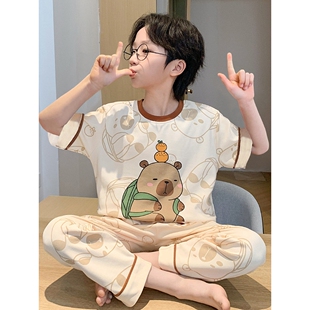 全棉纯棉男童睡衣春夏季空调服半袖长裤纯棉卡皮巴拉短袖男孩大儿