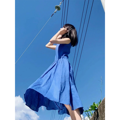 法式甜美风蓝色无袖连衣裙女装