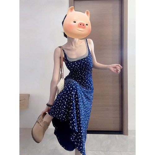 法式甜美假两件碎花吊带连衣裙女