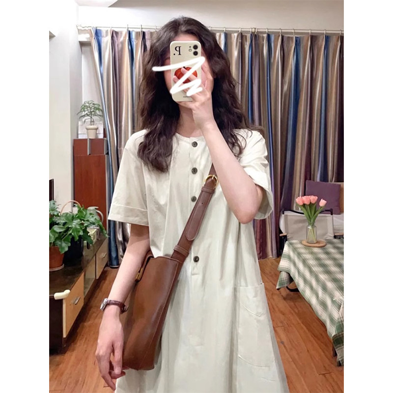 韩系复古休闲杏色短袖连衣裙女夏季新款慵懒风宽松显瘦百搭长裙子