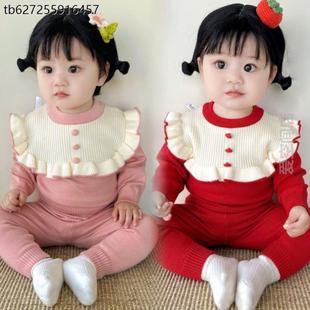 分体开衫 ?秋冬婴儿 新针织女红色套装 婴儿宝宝毛线娃娃新生毛衣裤