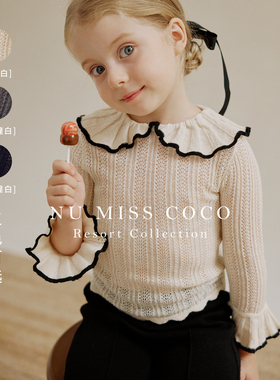 NU童装 早秋法式黑白小香大翻领羊毛针织衫多色女童百搭打底毛衣