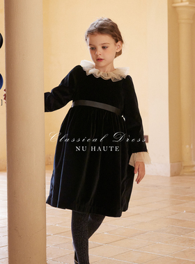 NU童装 女童春秋法式复古黑天鹅绒赫本节日礼服连衣裙演出服年服