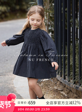 NU童装 春秋季女童法式复古黑色波点斯马克波点农夫裙时尚裙子