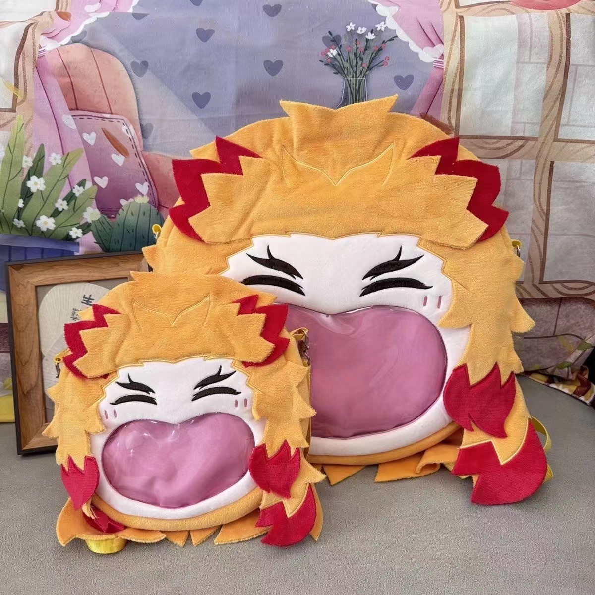 鬼灭之刃炎柱炼狱杏寿郎毛绒大嘴巴痛包透明收纳双肩斜挎单肩书包