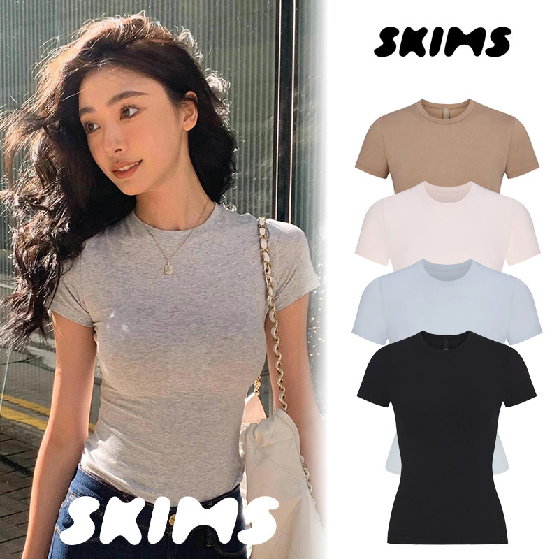 正品现货SKIMS卡戴珊COTTON JERSEY棉上衣修身打底正肩短袖女T恤