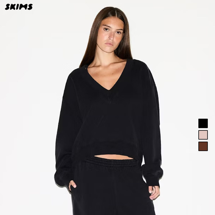 SKIMS FW25 FLEECE V NECK PULLOVER 宽松V领落肩长袖卫衣套装女