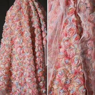 Chiffon Rose Embroidered Flower Yarn Fabric 3D Rose Floral